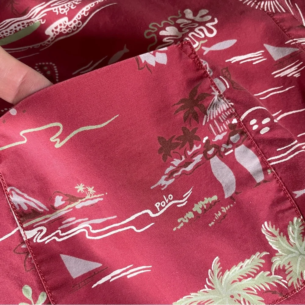VINTAGE POLO RALPH LAUREN HAWAIIAN SHIRT SIZE L 1990s RED LUAU CORAL FISH SURF